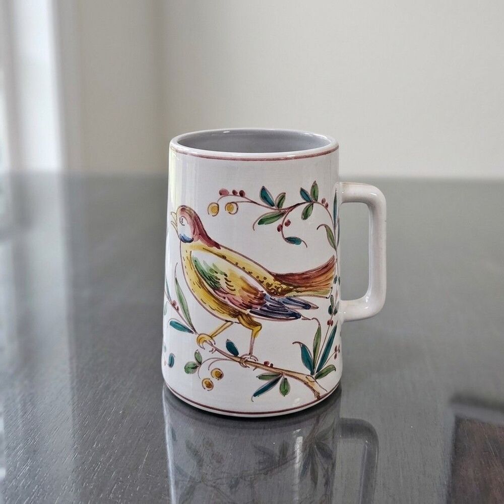 Vintage Outeiro Agueda Portugal Pottery Tankard Mug Hand Painted Bird Floral